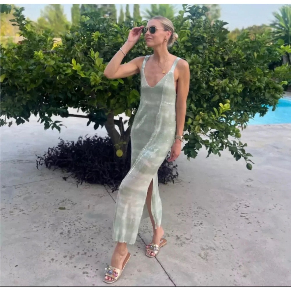CAROLINE CONSTAS Mint Green WATERCOLOR GRADIENT Midi Sequin Dress Size S NWT